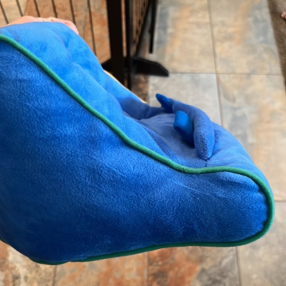 Book/Tablet Cradle Push Pillow, Blue, Fake Buttons, Green & Yellow Trim - Picture 2 of 6